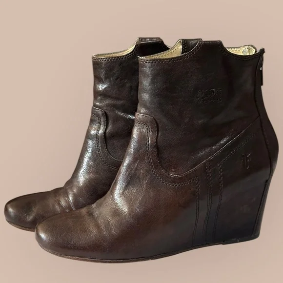 Frye Brown Leather Wedge Boots - Picture 1 of 9